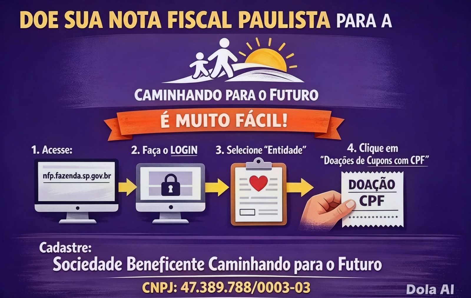 Campanha Doe sua Nota Fiscal Paulista para a Caminhando para o Futuro, com orientações de participação