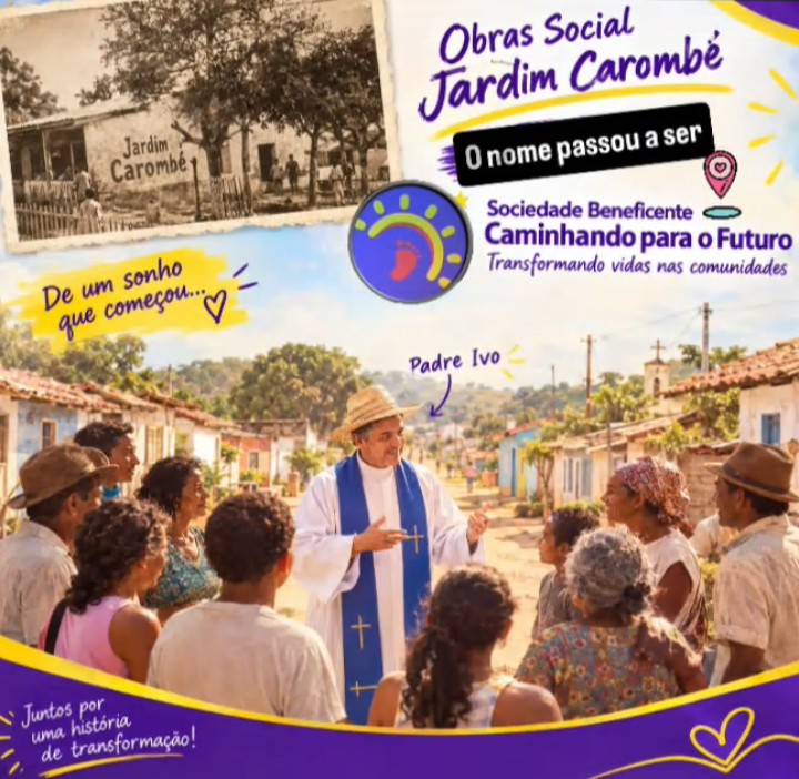 Arte sobre a história da instituição, das Obras Sociais Jardim Carumbé à Sociedade Beneficente Caminhando para o Futuro, com Padre Ivo e a comunidade