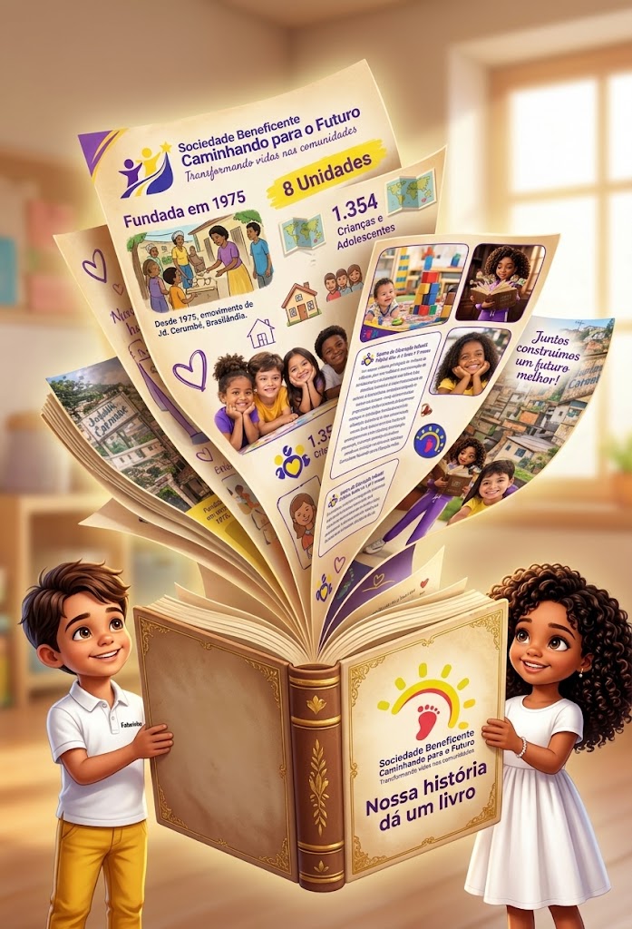 Ilustração Nossa história dá um livro, da Sociedade Beneficente Caminhando para o Futuro