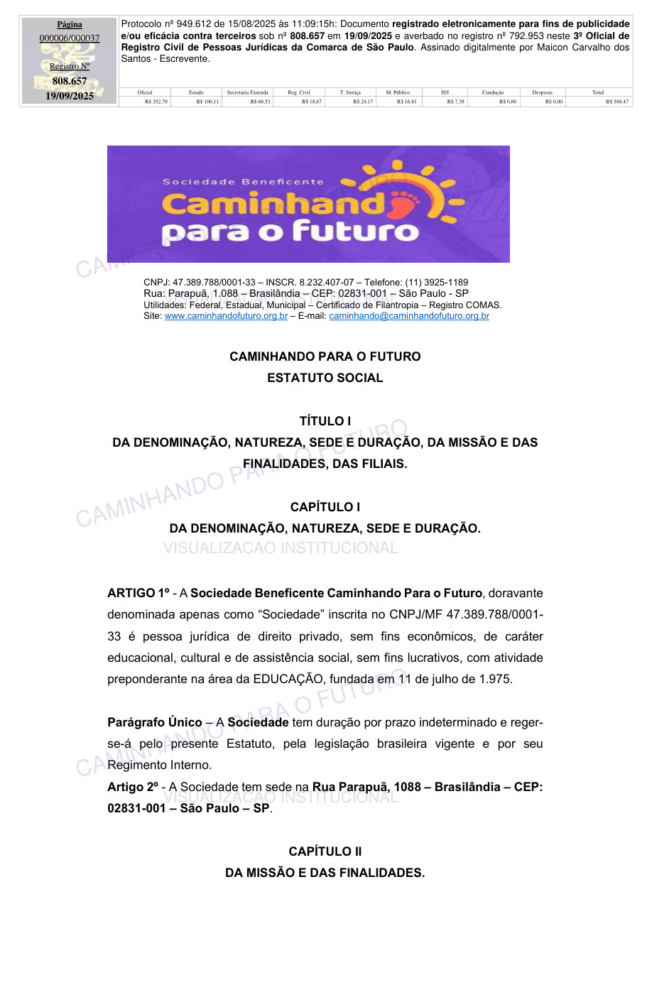 Página 1 do estatuto social de 2025